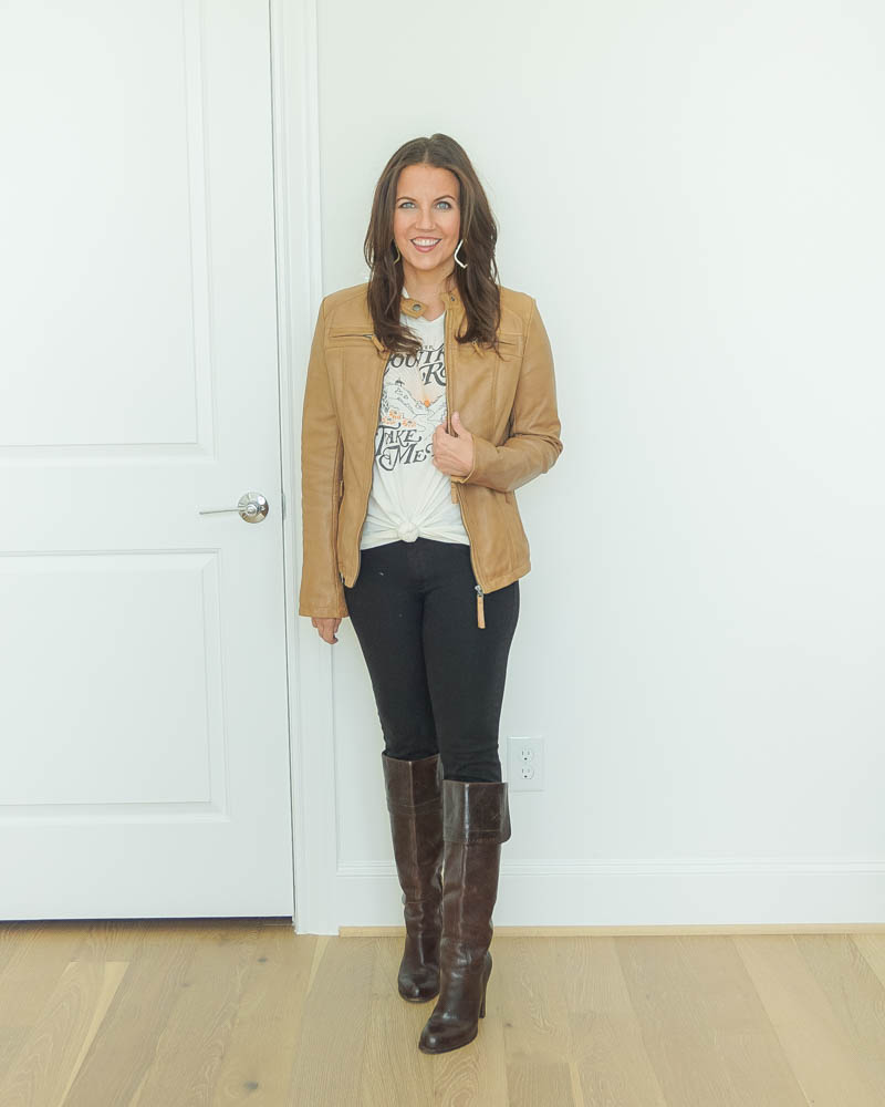 fall outfit | tan leather jacket with graphic tshirt | tall brown boots | Texas Fashion Blog Lady in Violet