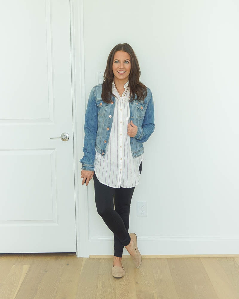 Tunic sweater and top with leggings and leopard flats