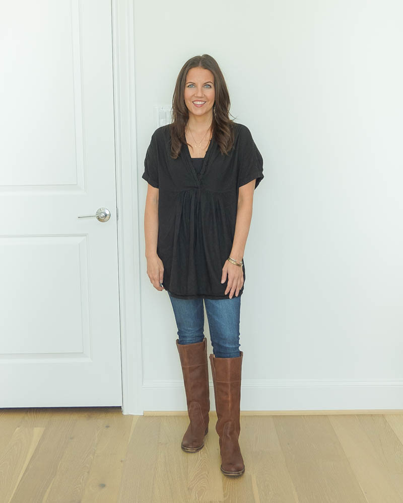 black riding boots outfit, Love the tall brown riding boots with black  leggings and casual top