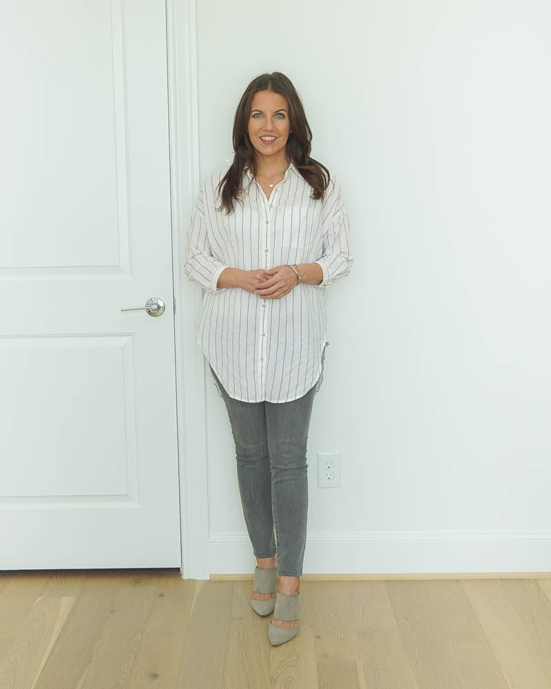 casual work outfit | striped tunic blouse | gray skinny jeans | Casual Fashion Blog Lady in Violet