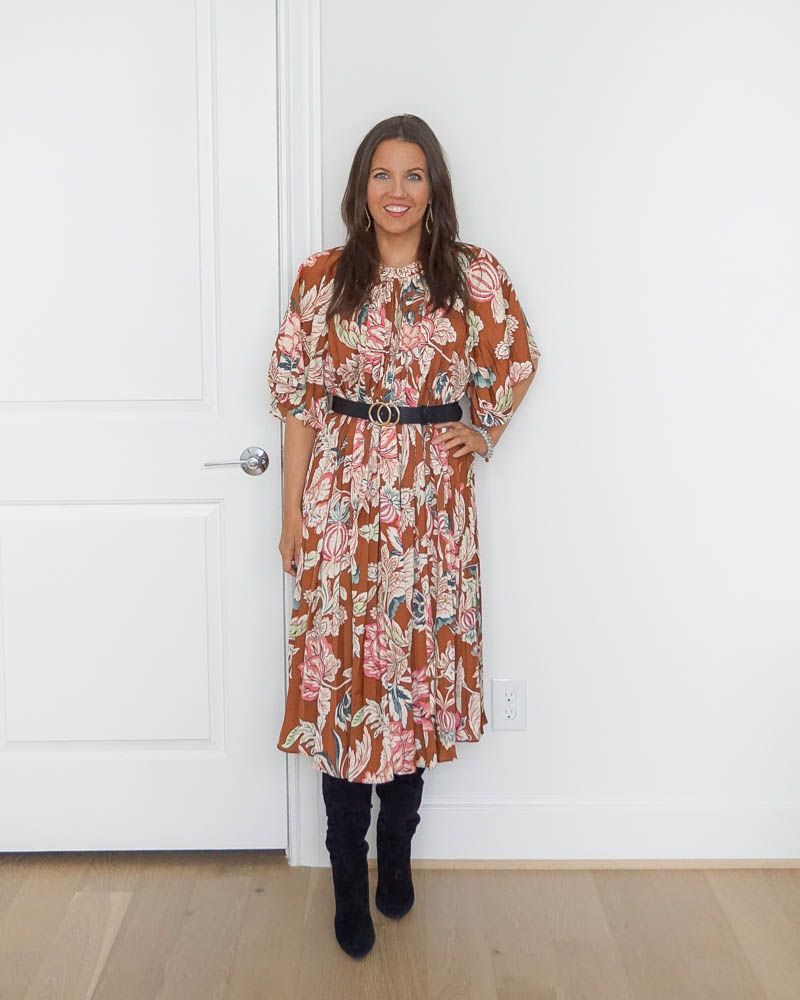 fall outfit | brown floral midi dress | black suede tall boots | Petite Fashion Blog Lady in Violet