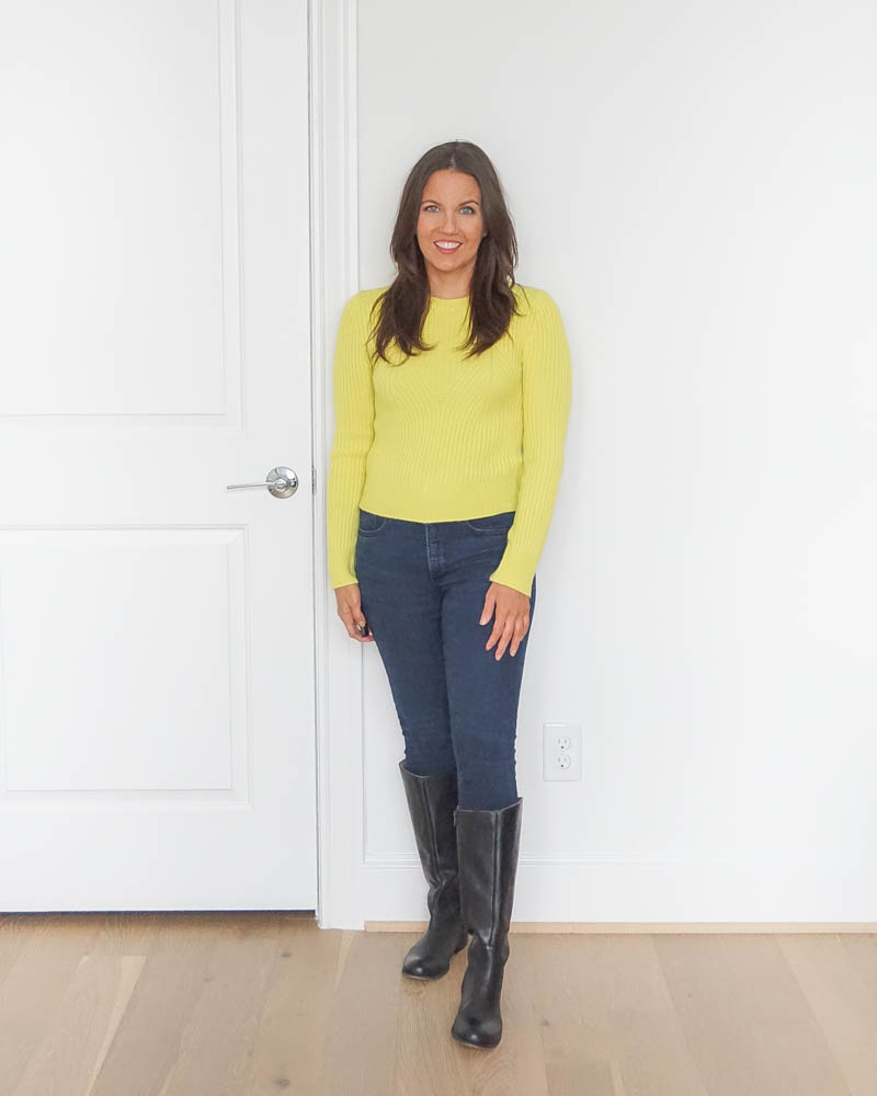 winter outfits | lime yellow sweater | black knee high boots | texas fashion blog lady in violet