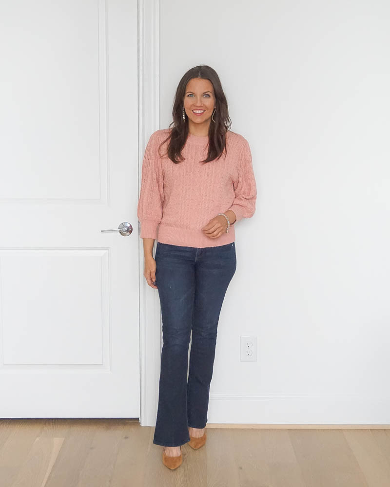 fall outfits | pink short sweater | bootcut jeans for petite women | Texas fashion blogger Lady in violet