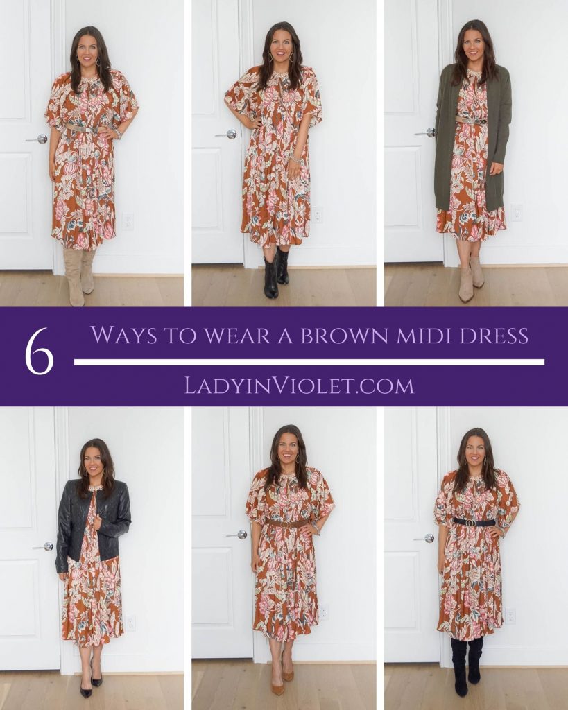 fall work outfits | ways to wear a brown midi dress | petite style blogger lady in violet
