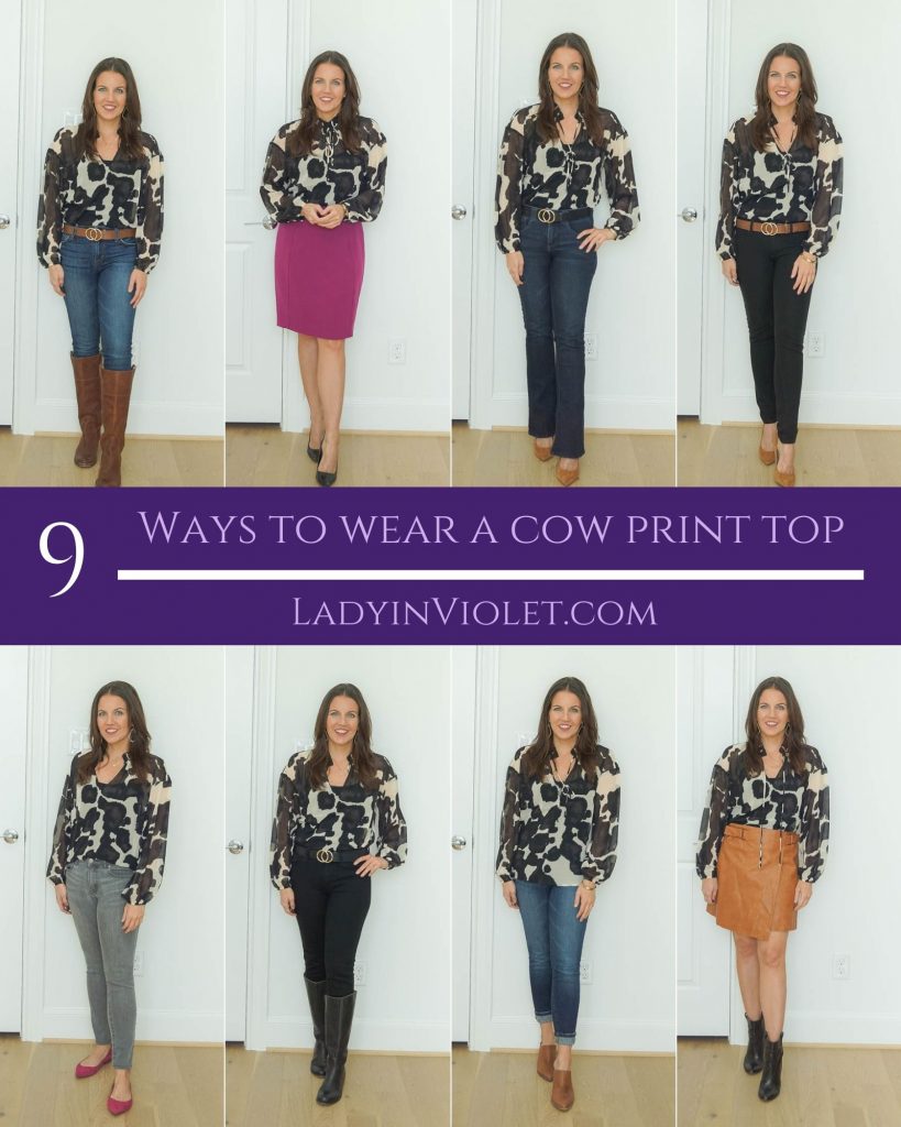 nine ways to wear a cow print top | fall outfit ideas | petite fashion blogger lady in violet