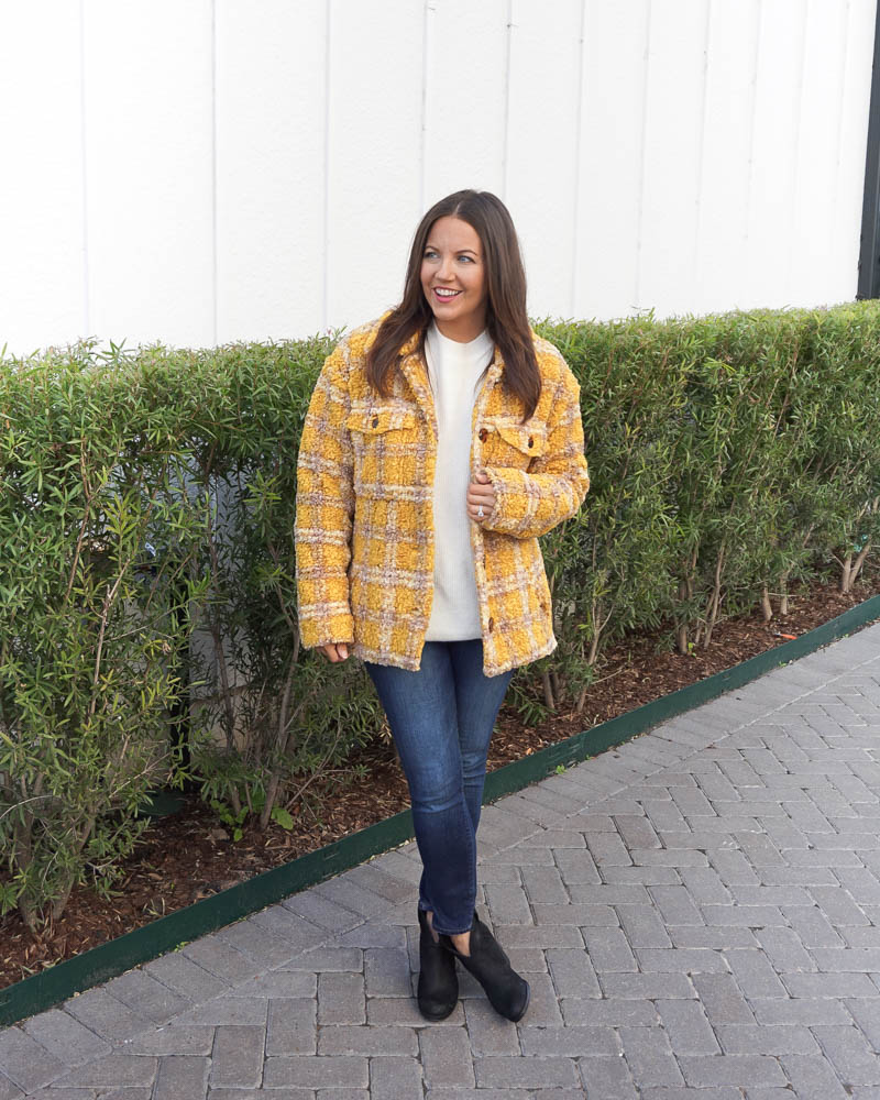 winter outfit | yellow shacket coat | black booties | Petite Fashion Blog Lady in violet