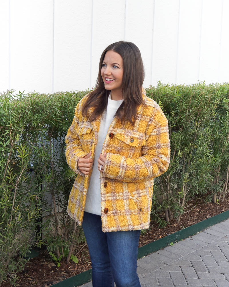 winter fashion | yellow plaid coat | ivory sweater | Texas Fashion Blog Lady in Violet