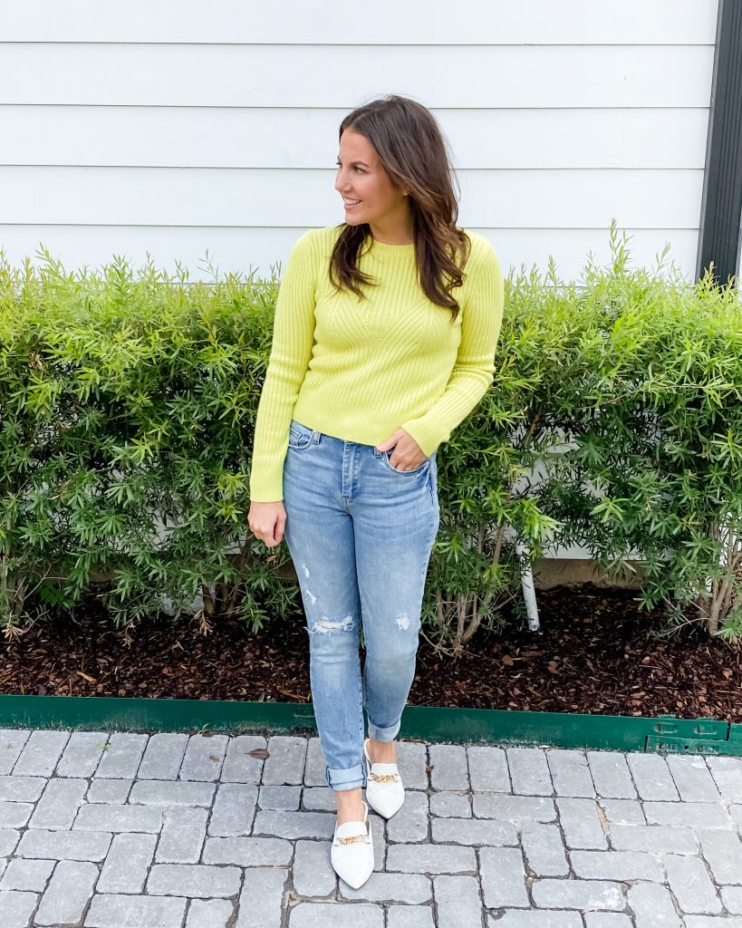 winter outfit | yellow fitted sweater | white mules | Petite Fashion Blog Lady in Violet