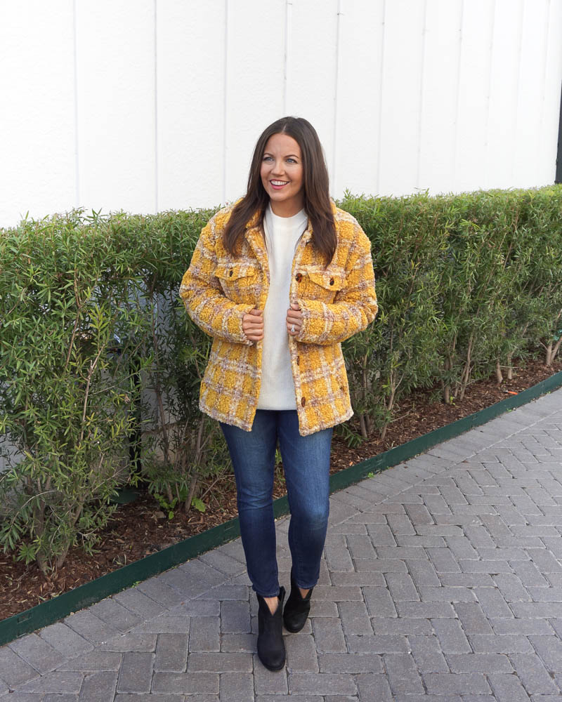 cold weather outfits | yellow plaid shacket | dark blue skinny jeans | Houston Fashion Blog Lady in Violet