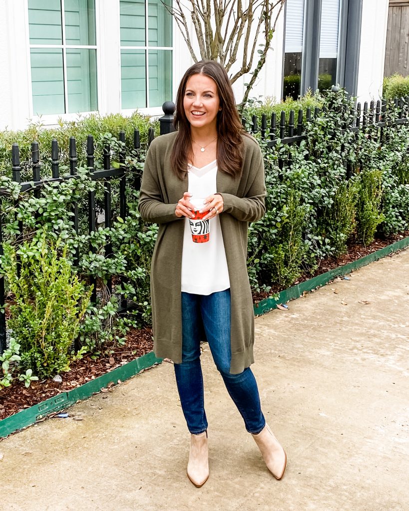 layered casual outfit | olive green long cardigan | tan loafers | Texas Fashion Blog Lady in Violet