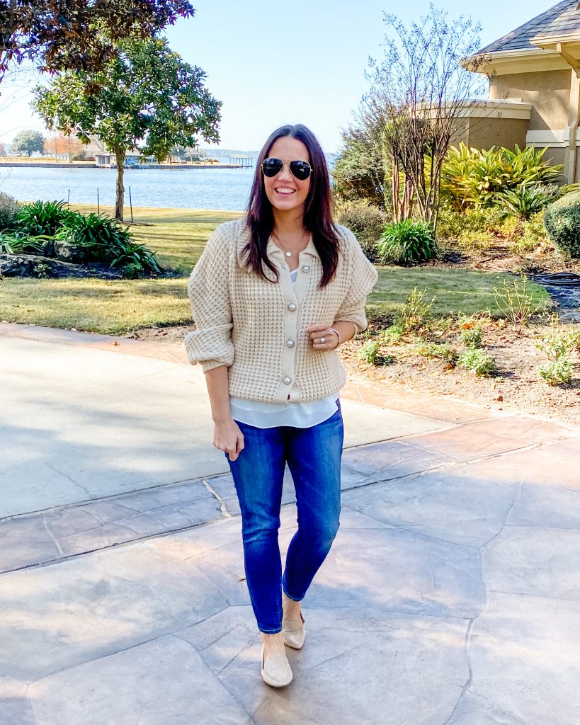 winter outfit | pearl button cardigan | tan loafer flats | Petite Style Blog Lady in Violet