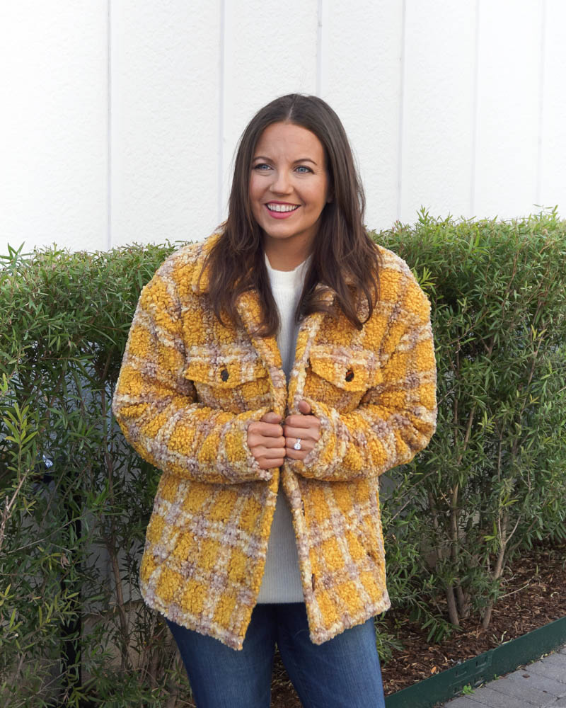 winter outfits | yellow plaid coat | ivory sweater | Petite Fashion Blogger Lady in Violet
