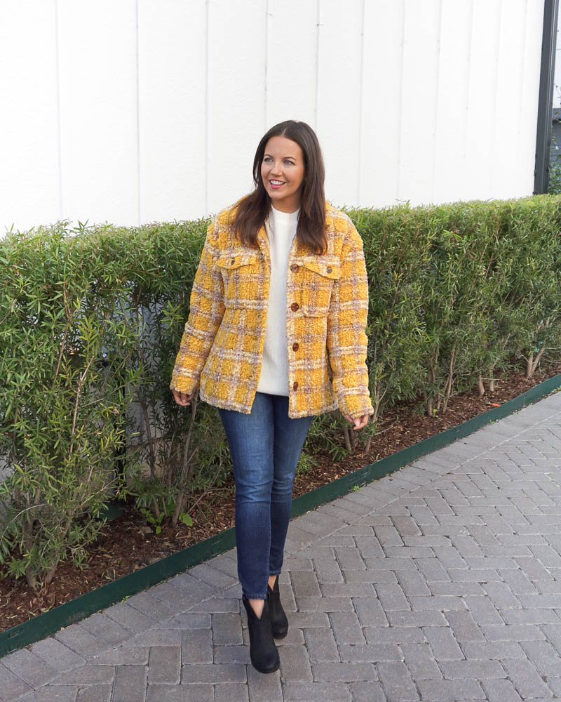 casual winter outfit | yellow plaid coat | black booties | Texas Fashion Blogger Lady in Violet