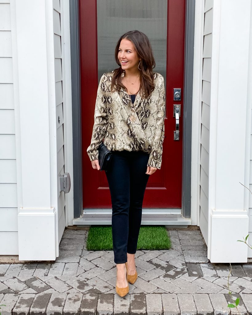 date night outfit | snakeskin wrap blouse | black skinny jeans | Houston Fashion Blogger Lady in Violet