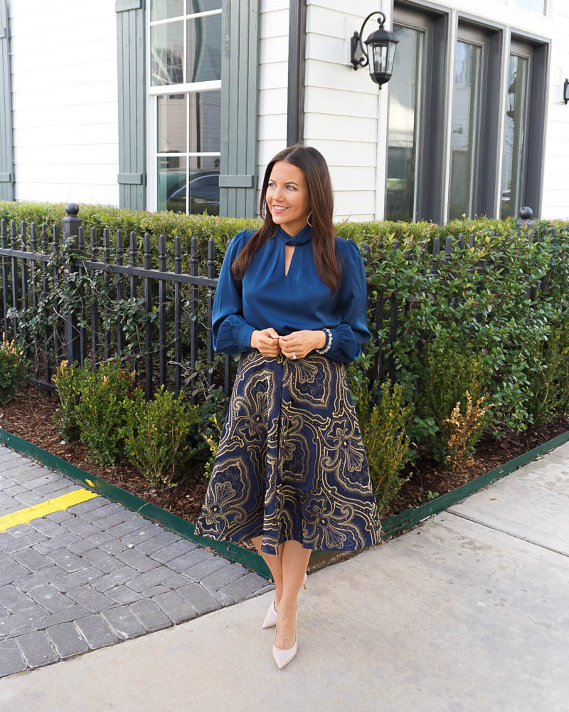 wedding guest outfit | high neckl blue blouse | gold navy jacquard midi skirt | Houston Fashion Blogger Lady in Violet