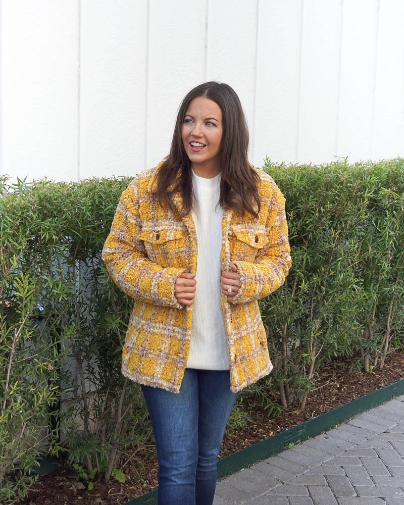 casual winter outfits | yellow plaid shacket | warm ivory sweater | Houston Fashion Blogger Lady in Violet