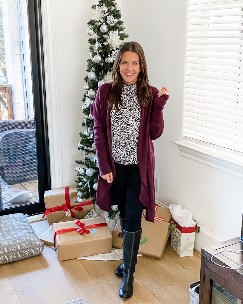 holiday outfit | zebra print blouse | burgundy cardigan | Texas Fashion Blogger Lady in Violet