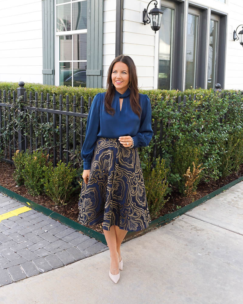 wedding guest outfit | high neckl blue blouse | gold navy jacquard midi skirt | Houston Fashion Blogger Lady in Violet