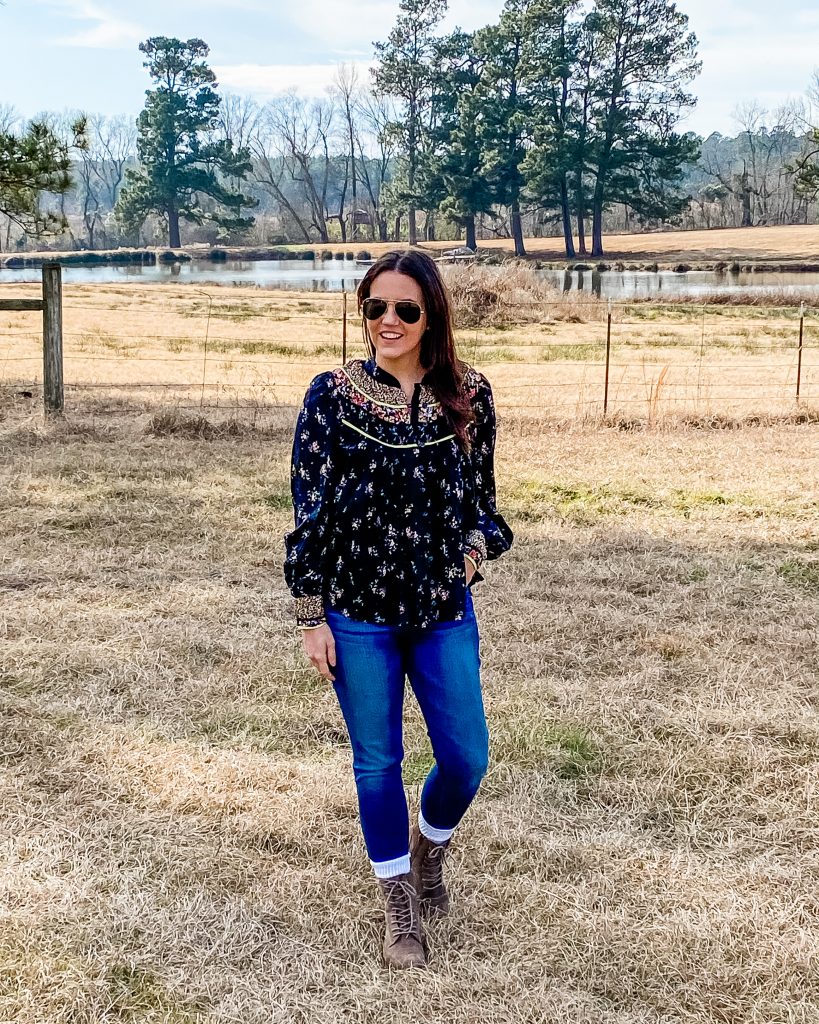 casual outfits | black long sleeve floral top | brown hiking boots | Petite Fashion Blog Lady in Violet