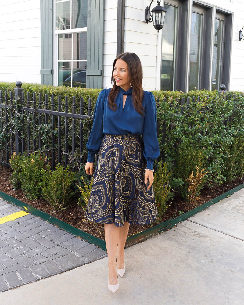 professional work outfit | long sleeve blue blouse | gold navy printed skirt | Texas Fashion Blog Lady in Violet