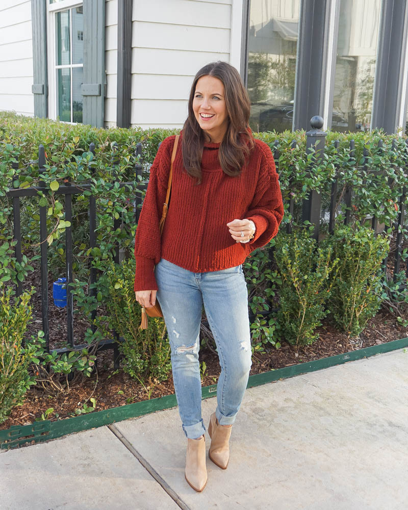 winter outfit | dark red sweater | light blue distressed jeans | Houston Fashion Blog Lady in Violet