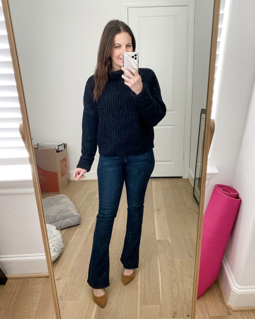 semi casual winter outfit | black sweater | flared jeans | Houston Fashion Blog Lady in Violet