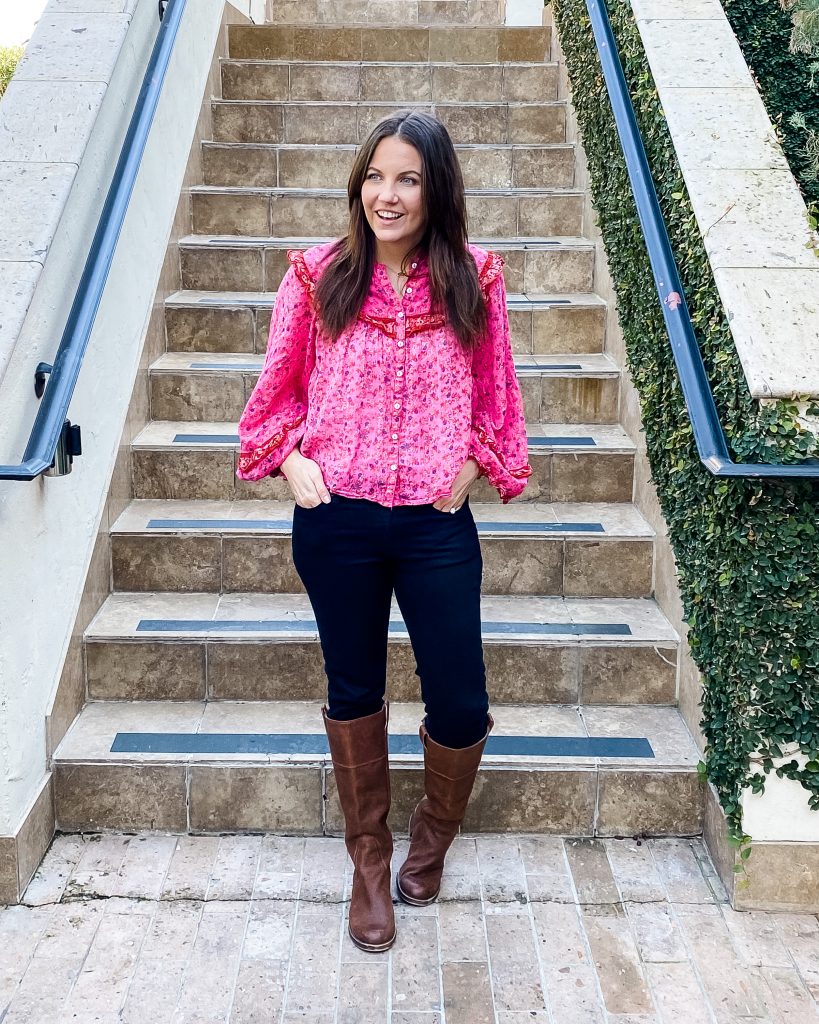 casual winter outfits | pink floral print blouse | brown boots | Petite Fashion Blog Lady in Violet