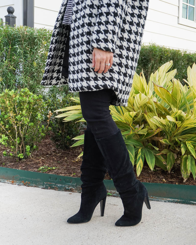 winter outfit | printed black whtie coat | black suede boots | Texas Fashion Blog Lady in Violet