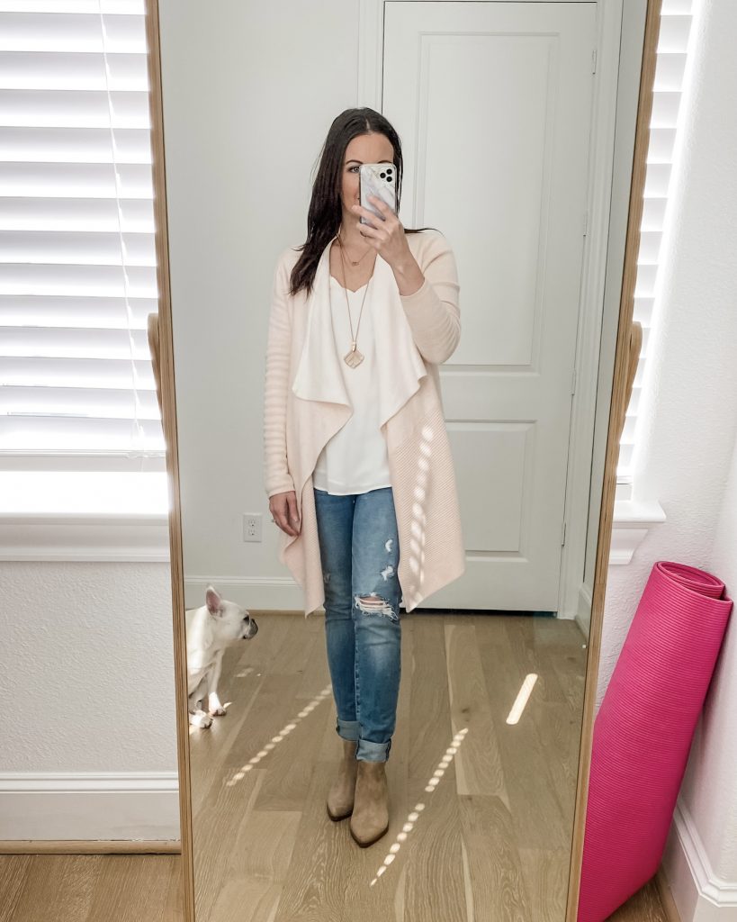 casual outfit | light pink cardigan | tan booties | Texas Fashion Blogger Lady in Violet