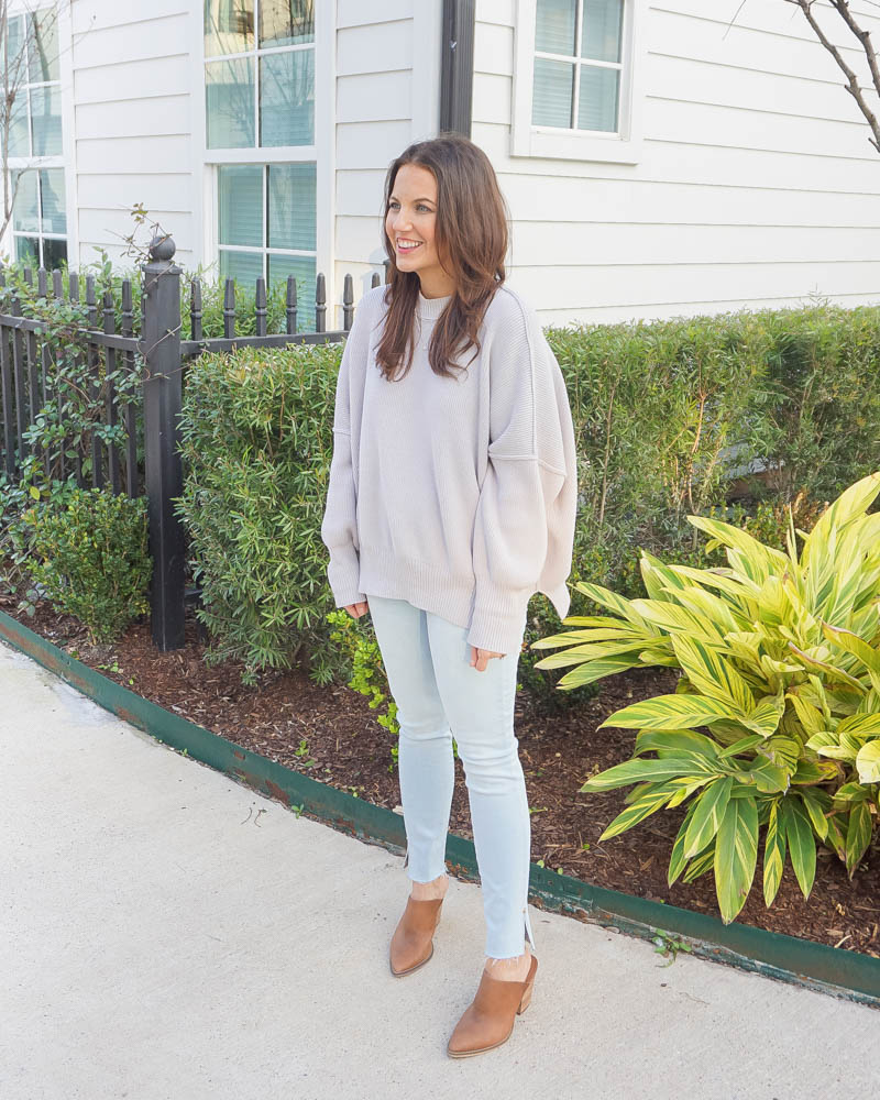 winter outfit | long gray sweater | light blue skinny jeans | Houston Fashion Blog Lady in Violet