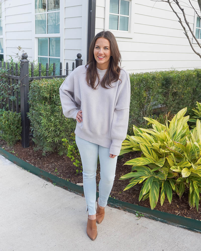 spring fashion | gray crewneck sweater | super light blue jeans | Texas Fashion Blog Lady in Violet