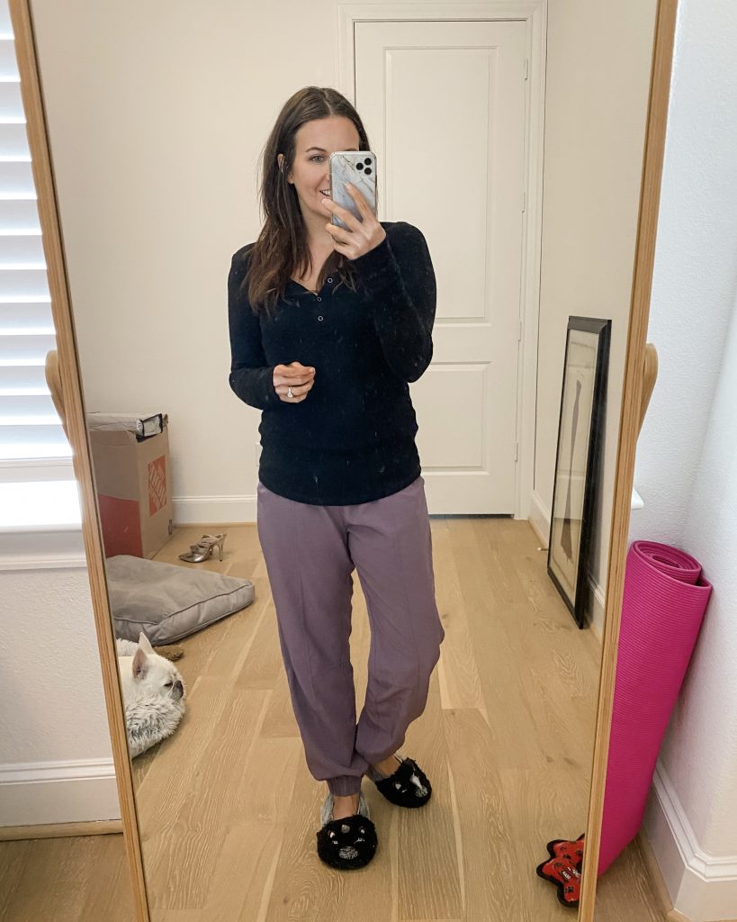 winter loungewear | black thermal henley top | purple jogger pants | Houston Fashion Blog Lady in Violet