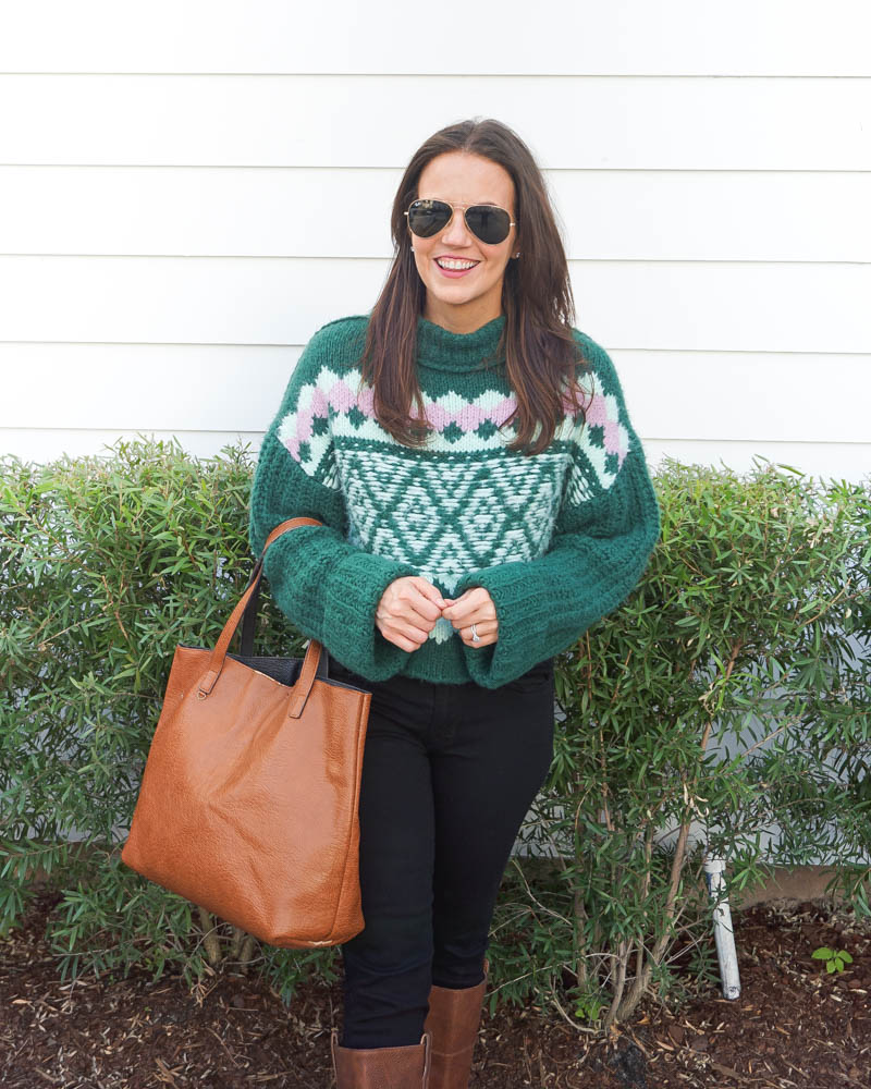 winter outfits | green turtleneck sweater | brown leather tote bag | Women's Fashion Blog Lady in Violet
