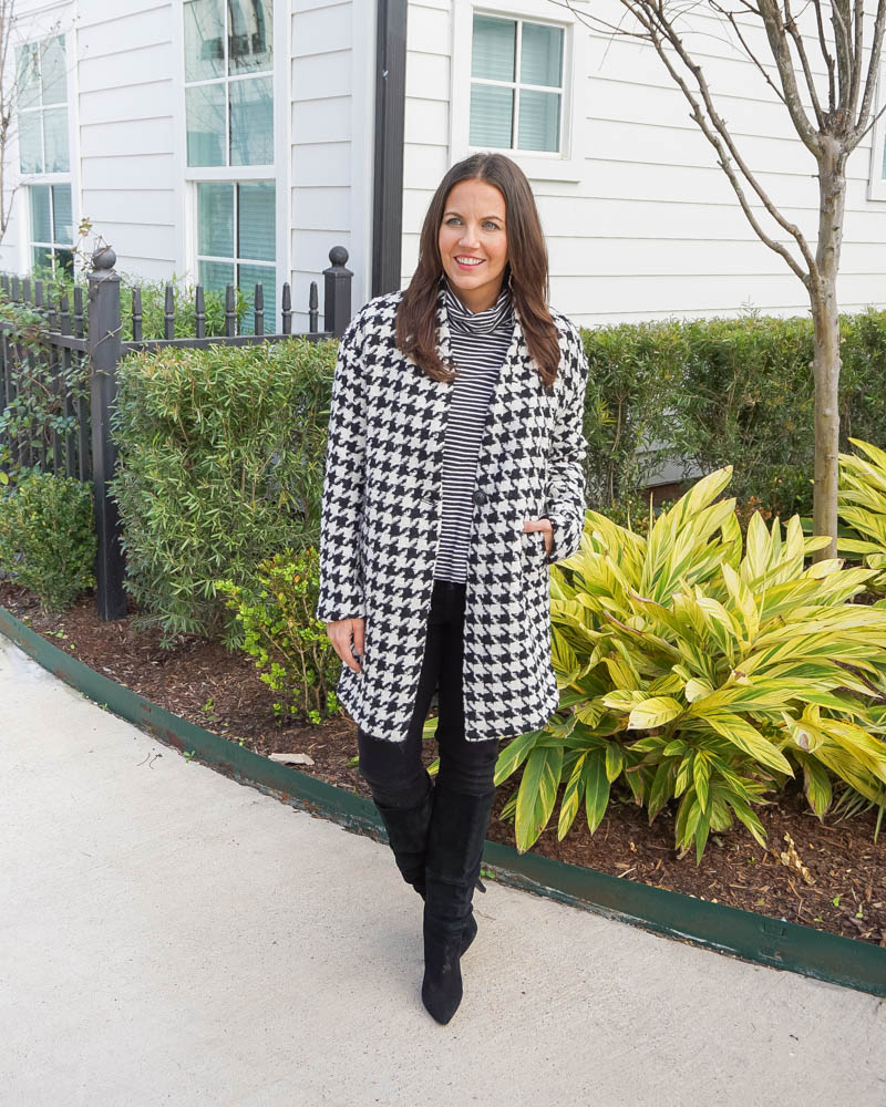 winter outfits | houndstooth pea coat | black jeans | Petite Fashion Blog lady in Violet