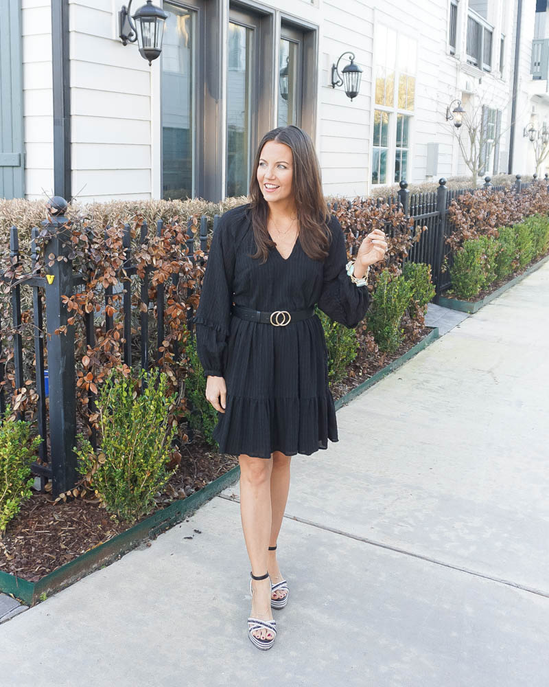 spring outfit | black long sleeve dress | gold o buckle belt | Houston Fashion Blog Lady in Violet
