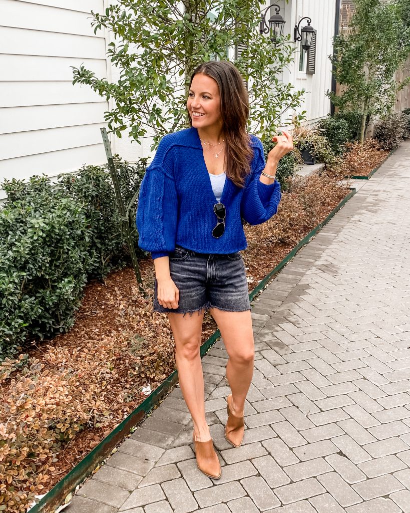 spring outfits | blue cropped sweater | black cutoff jean shorts | Petite Fashion Blog Lady in Violet