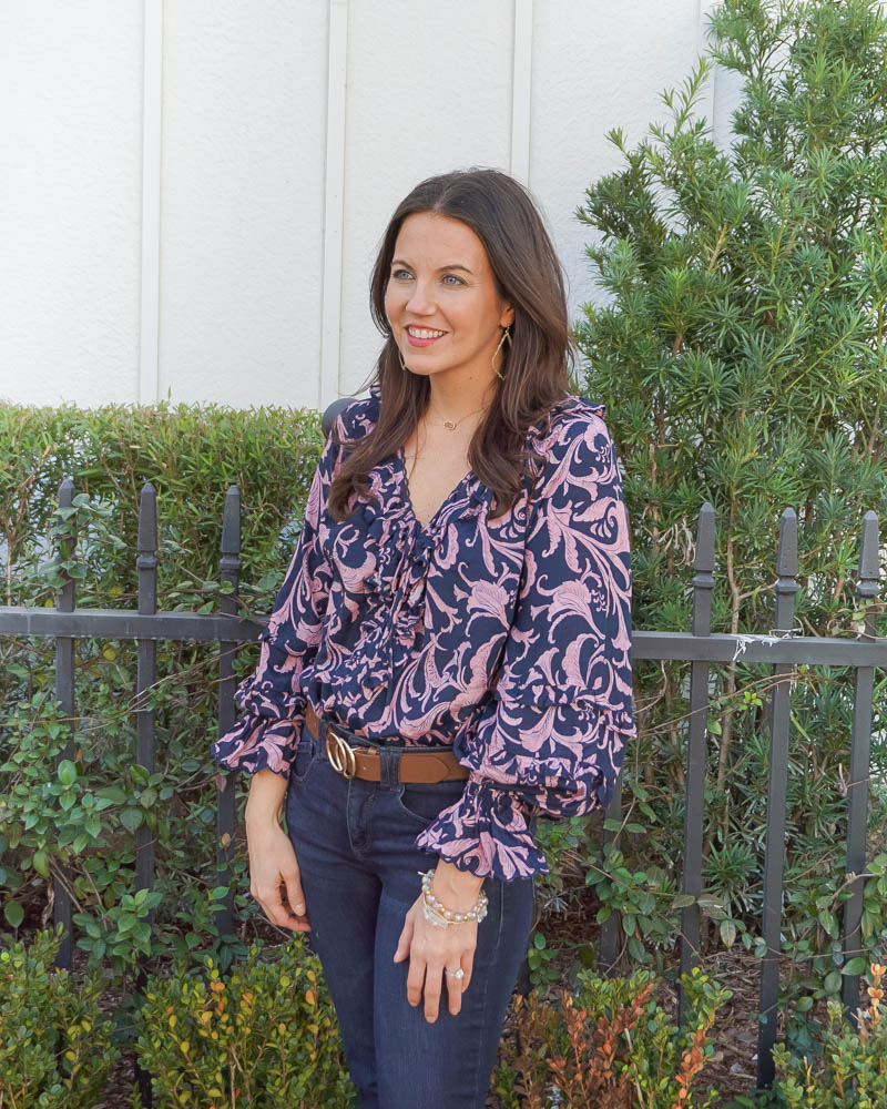 business casual outfit | long sleeve printed blouse | brown gold buckle belt | Texas Fashion Blogger Lady in Violet