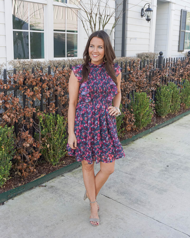 spring outfit | floral print dress | nude colored sandals | American Fashion Blogger Lady in Violet