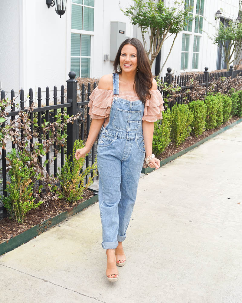 spring outfit | blue jean overalls | ruffle ots top | Petite Fashion Blog Lady in Violet
