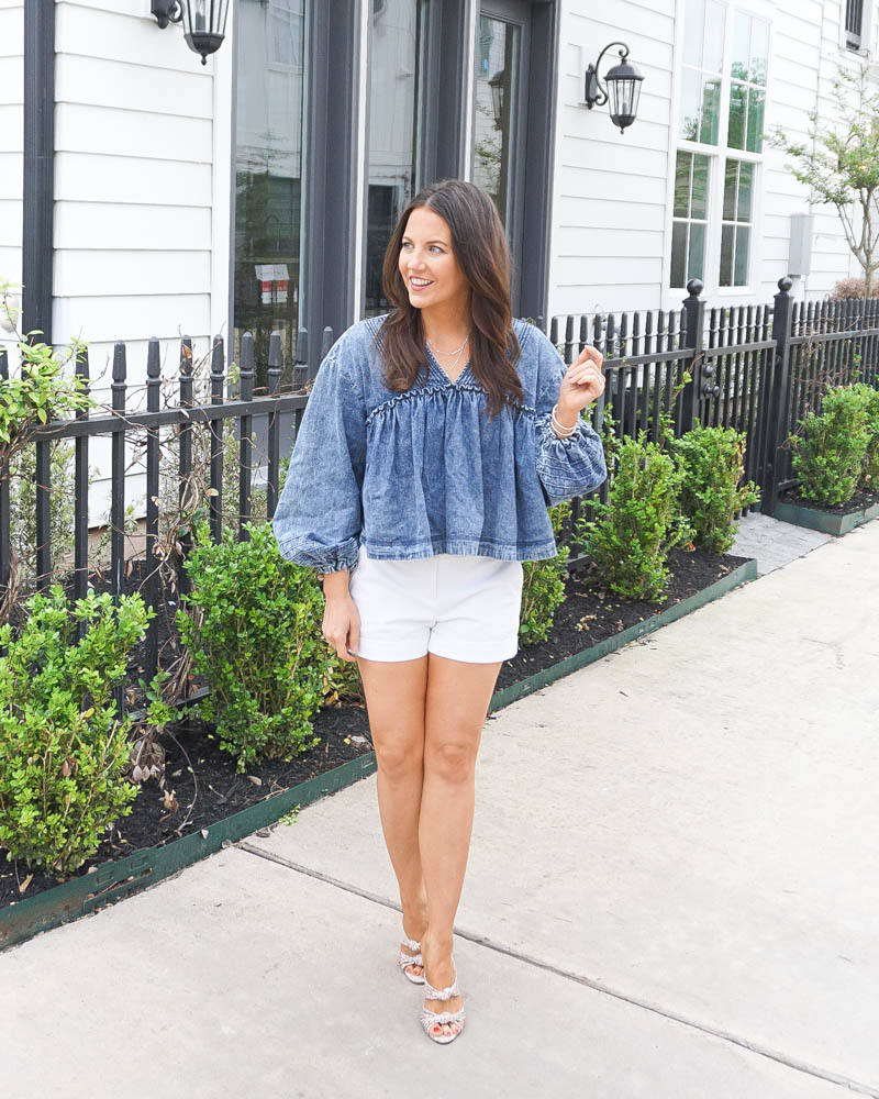 spring outfit | long sleeve denim top | white shorts | Texas Fashion Blog Lady in Violet