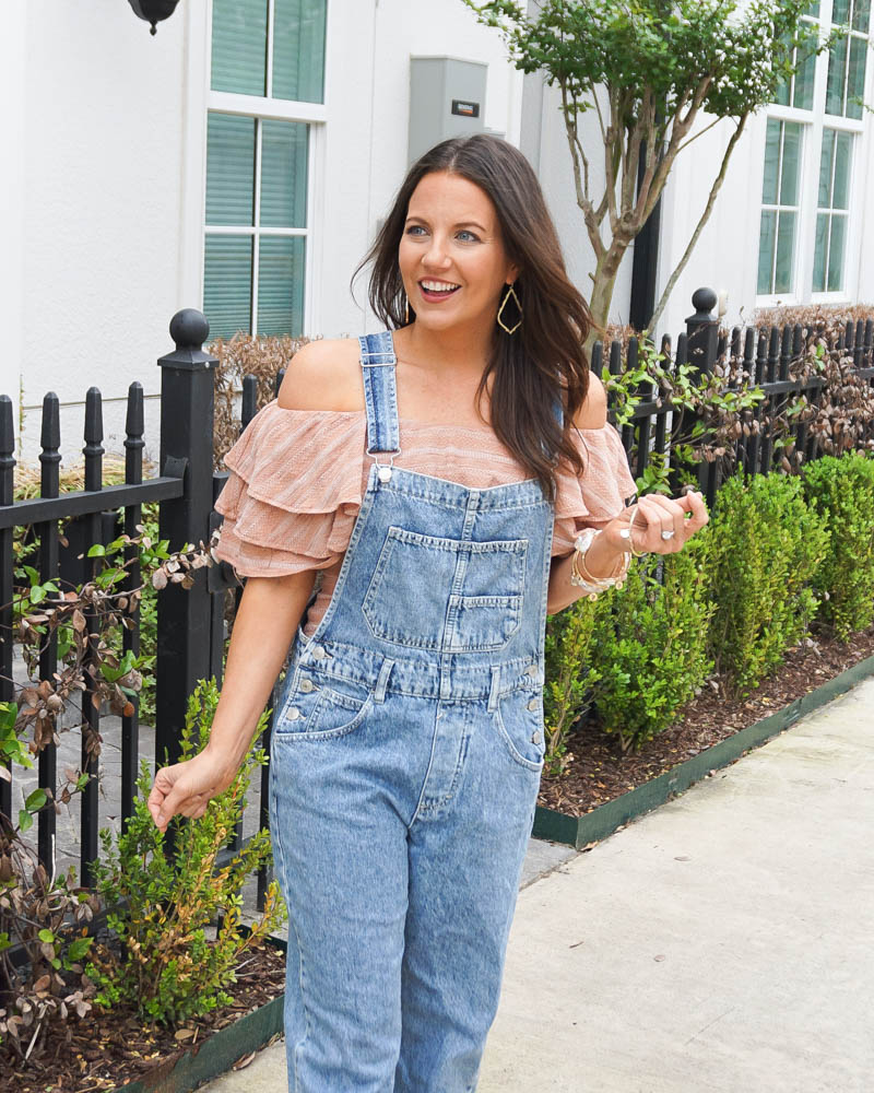 spring outfit | ruffle off the shoulder top | blue denim overalls | Texas Fashion Blog Lady in Violet