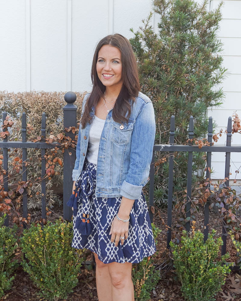 summer outfit | blue denim jacket | short navy skirt | Houston Fashion Blog Lady in Violet