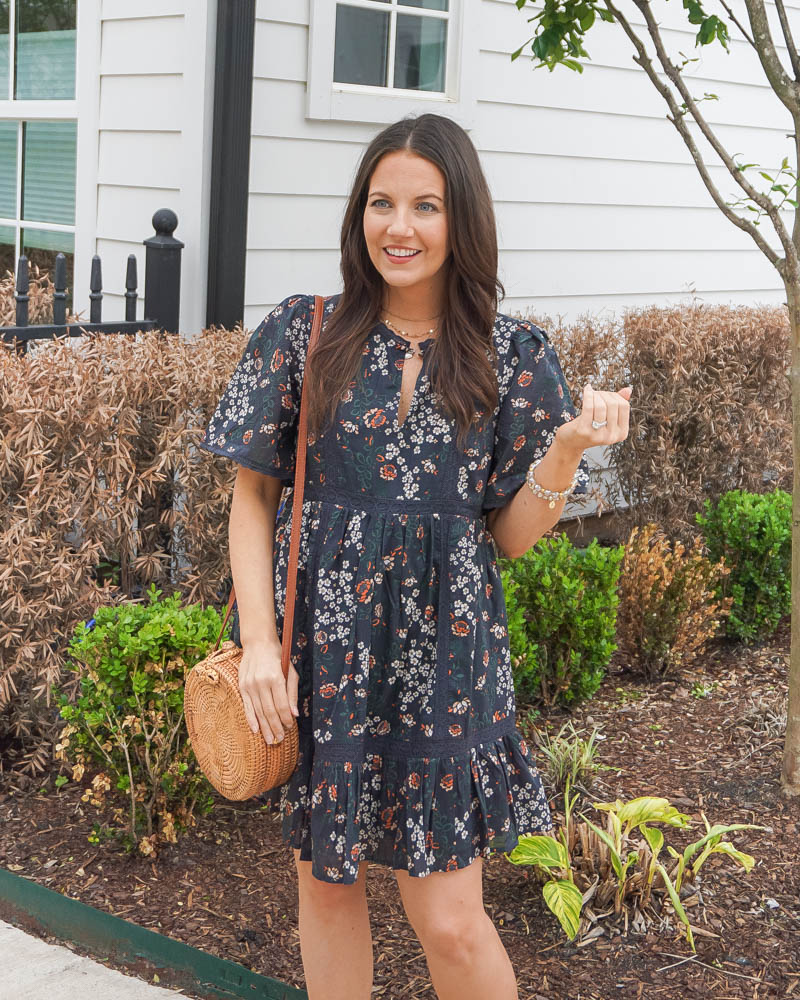 summer outfit | dark floral shift dress | small circle purse | Texas fashion Blog Lady in Violet