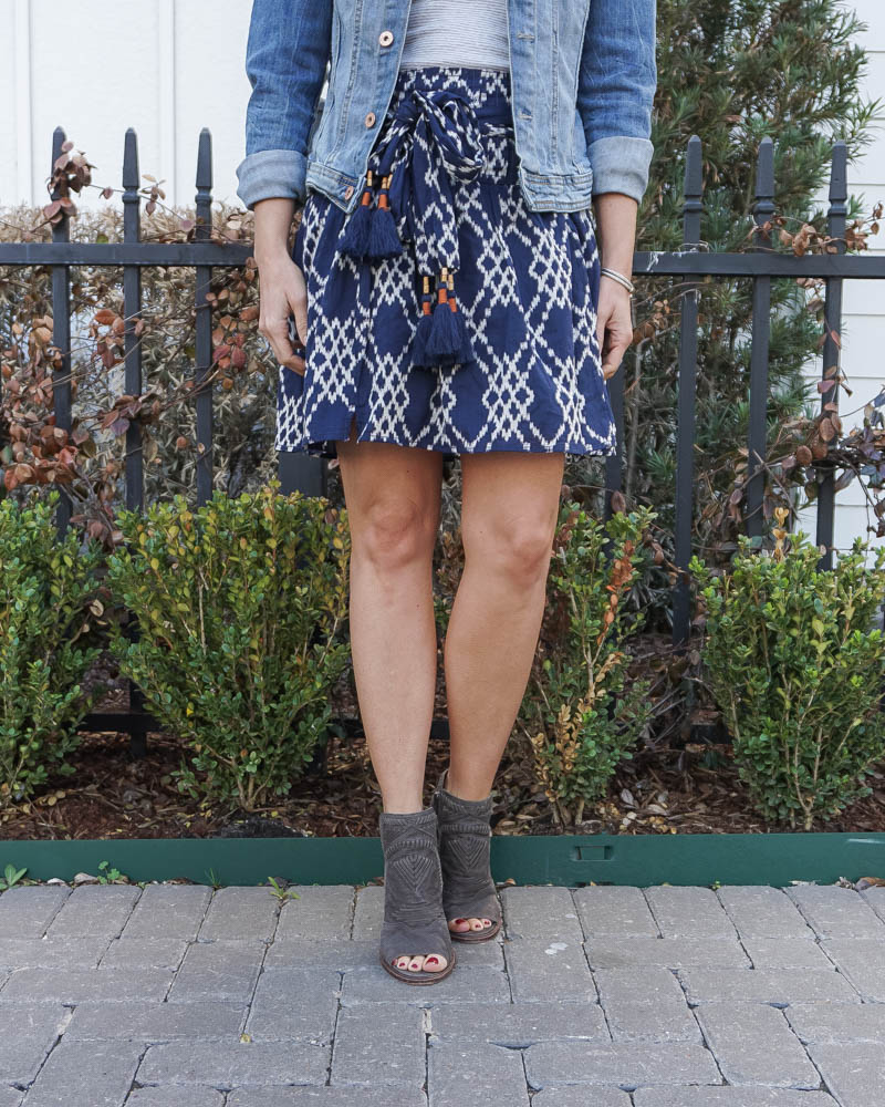 spring outfit | dark blue tie waist mini skirt | brown peep toe booties | Texas Fashion Blog Lady in Violet