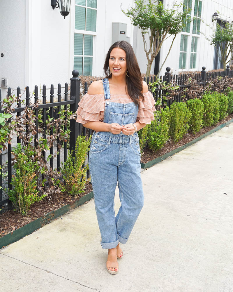 casual spring outfit | denim overalls | off the shoulder top | Petite Fashion Blogger Lady in Violet