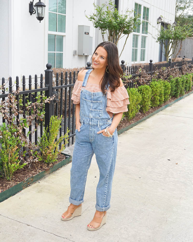 summer outfit | ruffle striped top | blue jean overalls | Texas Fashion Blogger Lady in Violet