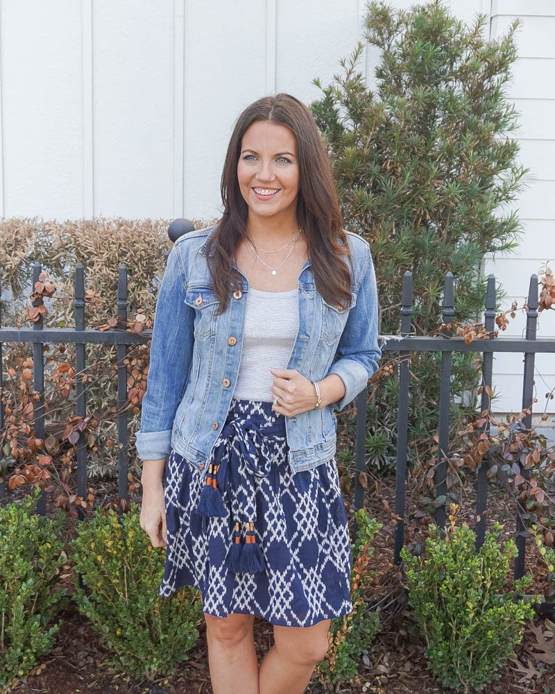 casual spring outfit | blue jean jacket | tie waist mini skirt | Texas Fashion Blogger Lady in Violet