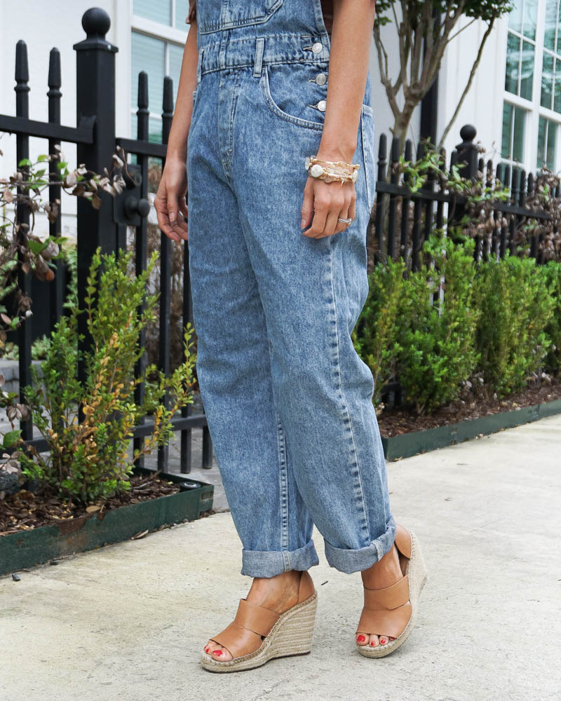 best overalls for petites | brown wedges | stone bangles | American Fashion Blog Lady in Violet