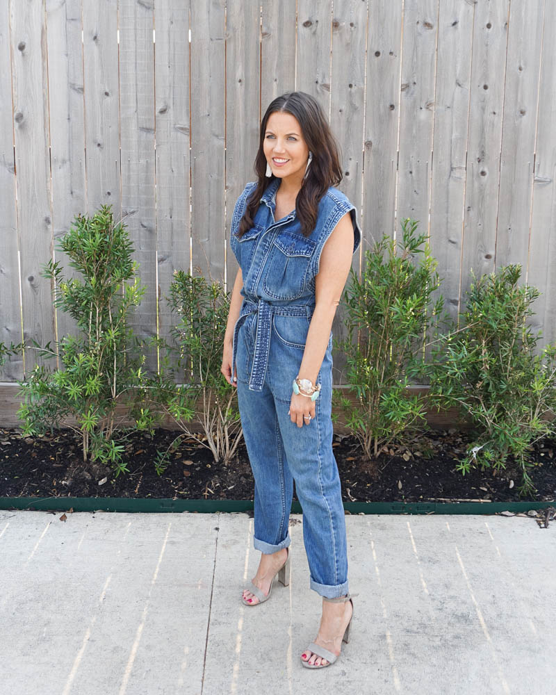 summer date night outfit | sleeveless jean jumpsuit | nude colored sandals | Texas fashion blogger lady in violet