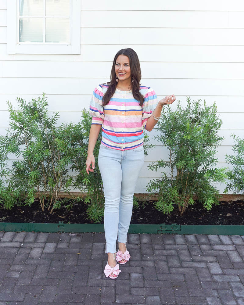 spring outfit | short sleeve button down | pink bow slides | Petite Fashion Blogger Lady in Violet